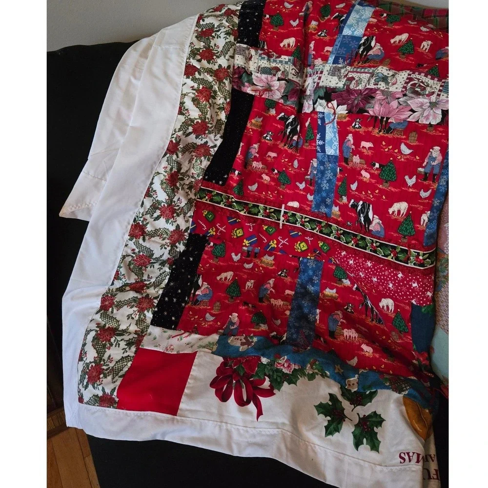 Handmade Christmas Patchwork Quilt Farmer Santa John Deere Plaid Rustic Red